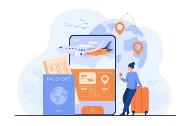 Na imagem: uma ilustração de passaporte, tela de celular com aviões e ao lado, no canto direito da ilustração uma mulher apoiada em sua mala de viagem.